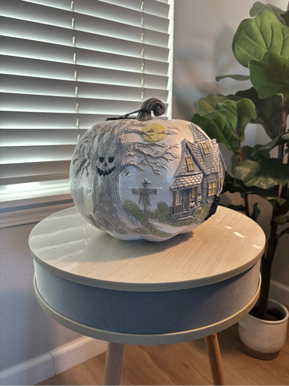 Halloween White Haunted Pumpkin Décor with Spooky House Artwork